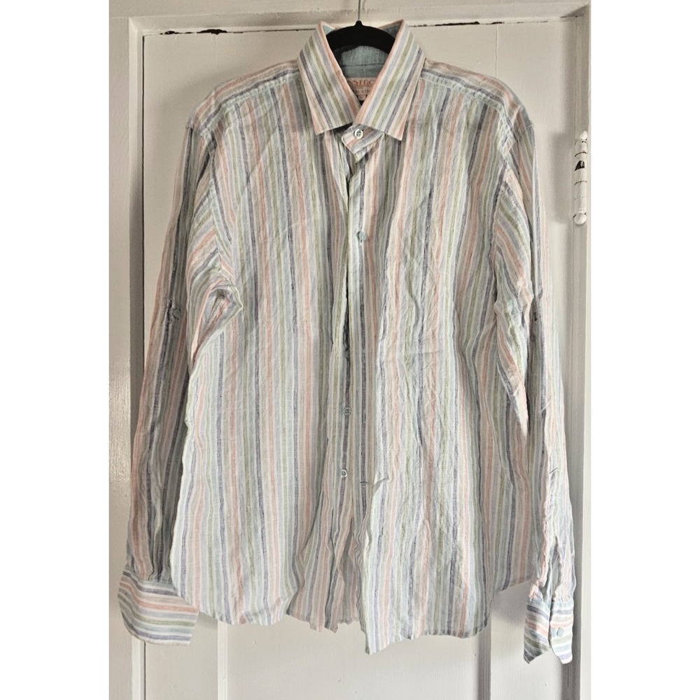 INSERCH COLLEZIONE Uomo 100% Linen button up shirt vertical striped mens XL
